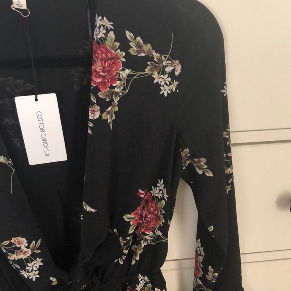 NWT Cotton Candy LA Black Floral Front tie Romper - Picture 4 of 6